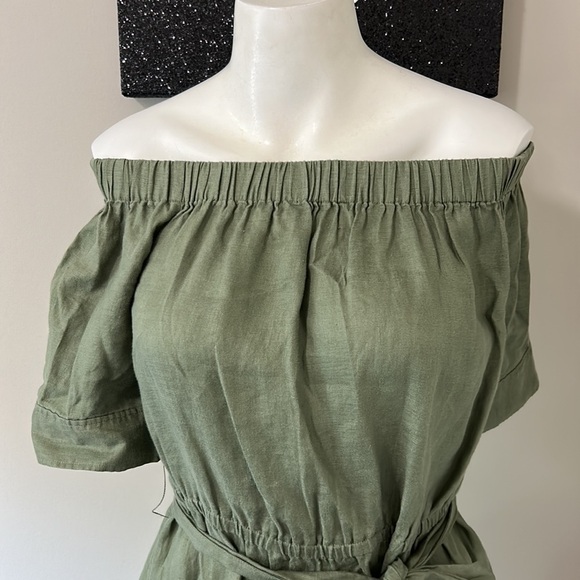 FRAME DENIM Linen Off the Shoulder Dress Olive Green Tie Waist Sz XS - Picture 2 of 12